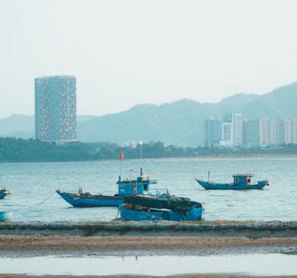 Scenic view of fishing boats in Da Nang harbor with urban skyline and mountains.